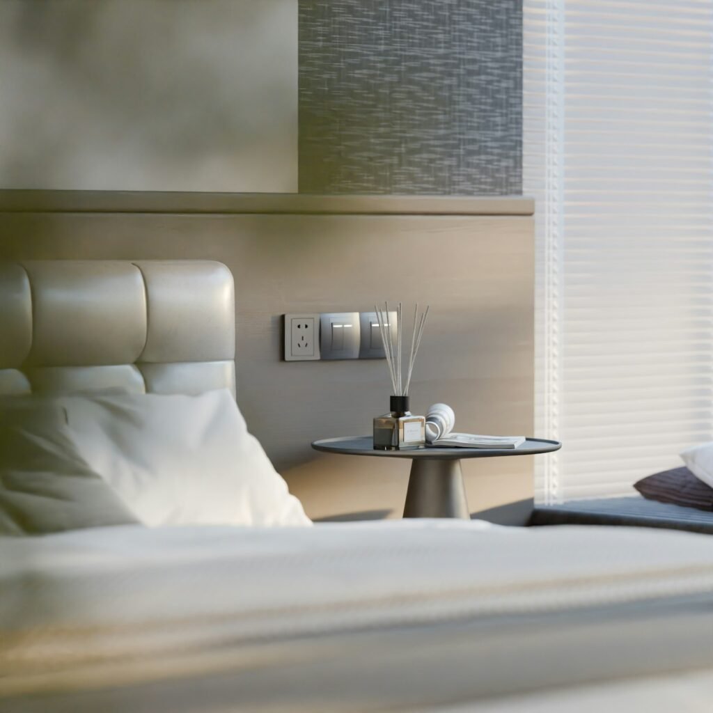 Bedroom nightstand with a reed diffuser in grey tones